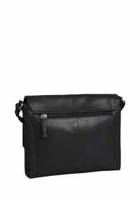 Borsa messenger in pelle nera con chiusura a zip, design minimalista, tracolla regolabile e tasca frontale con linguetta in pelle per un facile accesso.