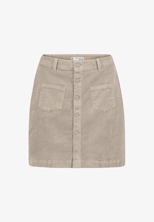 Corduroy skirt in light taupe with a straight cut, front button closure, two patch pockets, and textured ribbed fabric.