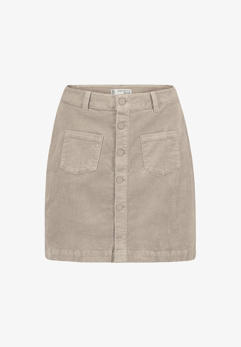 Röhrenrock aus leichtem Taupe mit geradem Schnitt, vorderem Knopfverschluss, zwei aufgesetzten Taschen und strukturiertem Rippgewebe.