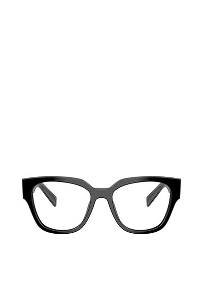 Occhiali da vista neri con montatura rettangolare, aste larghe e lenti trasparenti. Materiale plastico liscio con finitura lucida.