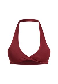 Rode halternek bralette met een diepe V-hals, wikkeldesign aan de voorkant, gemaakt van een soepele, rekbare stof en voorzien van brede bandjes.
