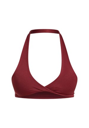 Rød halterneck bralette med en dyb v-udskæring og indpakningsdesign foran, lavet af et glat, strækbart stof, med brede stropper.