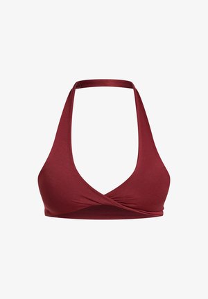 Reggiseno halter rosso con scollatura a V profonda, design avvolgente nella parte anteriore, realizzato in un tessuto liscio ed elastico, dotato di spalline larghe.