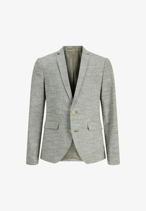 Svetlo šedý blazer vyrobený z štruktúrovaného textilu, s reverzom, dvoma gombíkmi a bočnými vreckami. Podšité vnútro.