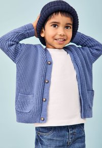 Cardigan albastru tricotat cu un design texturat, având nasturi argintii și două buzunare frontale, purtat peste o cămașă albă. Beanie întunecat.