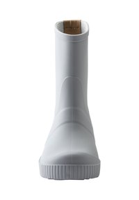 White rubber rain boot with a smooth finish, rounded toe, and textured sole. Interior lined with soft material, featuring a brown trim at the top.