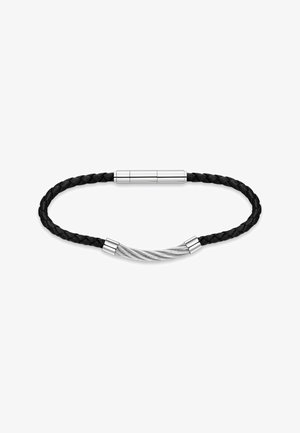 Zwarte gevlochten leren armband met zilverkleurige gedraaide metalen kabel en gepolijste magnetische sluiting.