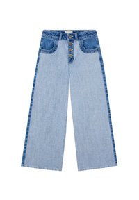 Jeans de mezclilla de pierna ancha en azul claro con un tono azul más oscuro en los laterales, cierre de cinco botones y bolsillos frontales. Acabado con dobladillo plano.