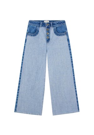 Jeans de mezclilla de pierna ancha en azul claro con un tono azul más oscuro en los laterales, cierre de cinco botones y bolsillos frontales. Acabado con dobladillo plano.
