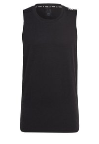 Débardeur d'entraînement noir sans manches Adidas avec col rond et bandes de logo blanches sur les épaules.