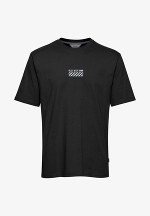 Fekete rövid ujjú póló puha pamutból, fehér "SLD-EST.1999" feliratú grafikával és csíkos mintával az elején.