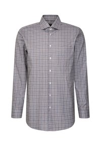Grå button-up skjorte med ternet mønster; lange ærmer, spidse krave og en enkelt brystlomme. Lavet af letvægtsstof.