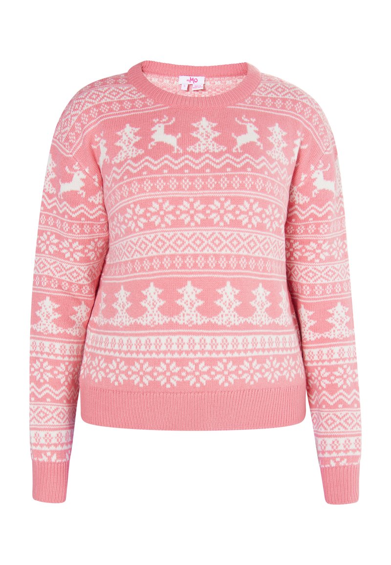 Suéter de punto rosa con renos blancos, árboles y copos de nieve en un patrón festivo. Cuello redondo y puños y dobladillo acanalados.