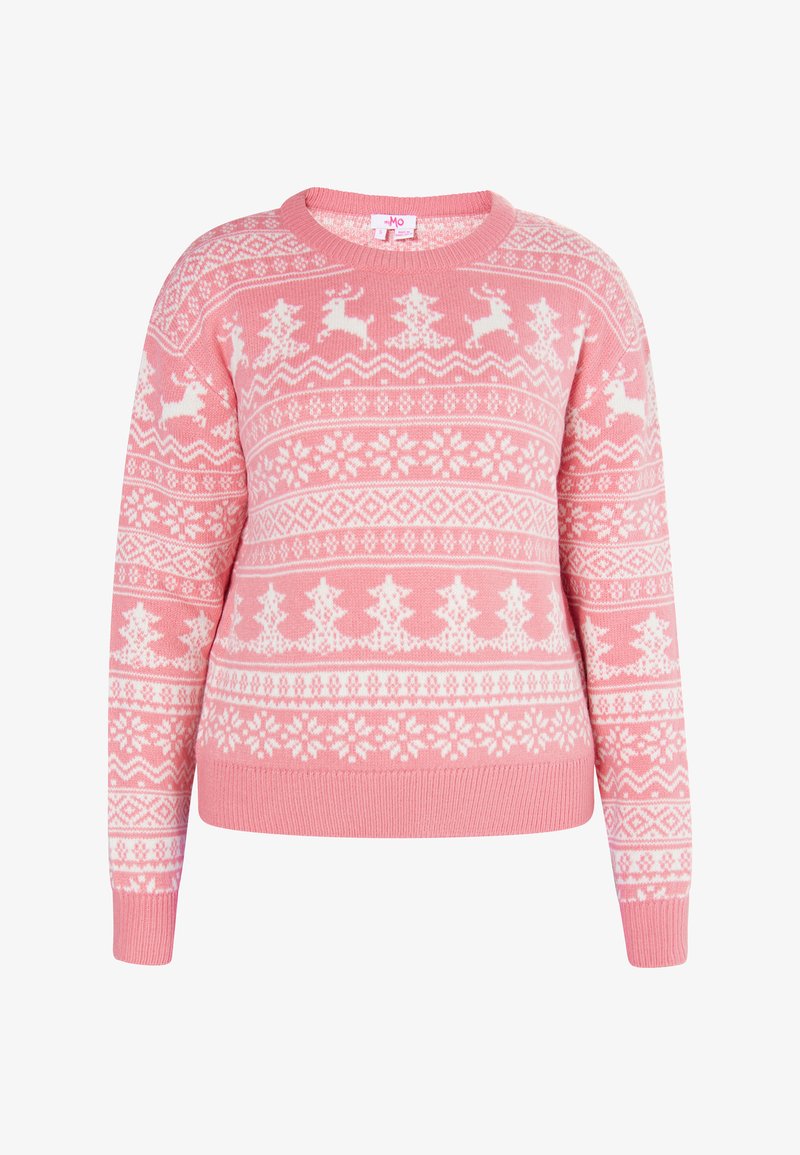 Rózsaszín kötött pulóver, fehér rénszarvasokkal, fákkal és hópelyhekkel díszítve egy ünnepi mintával. Kerek nyakkivágás és bordás mandzsetták, valamint alj.