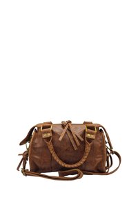 Sac à main en simili cuir marron avec anse tressée, deux courtes sangles, bandoulière réglable assortie et fermeture éclair supérieure. Accents en métal doré.