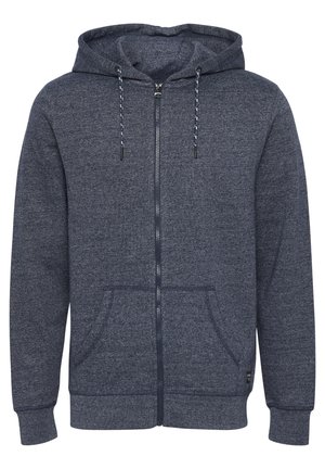 Donkerblauwe zip-up hoodie van textuurstof, met een capuchon, twee voorzakken en verstelbare trekkoorden.