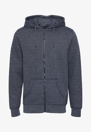 Donkerblauwe zip-up hoodie van textuurstof, met een capuchon, twee voorzakken en verstelbare trekkoorden.