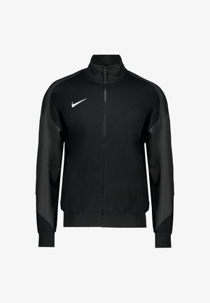 Veste de sport Nike noire à fermeture éclair intégrale avec logo Swoosh blanc sur la poitrine, col montant, manches longues avec poignets et ourlet côtelés.