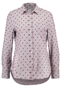 Camicia button-up a righe rosse e navy, con piccole ricami floreali, maniche lunghe, colletto e orlo curvo.