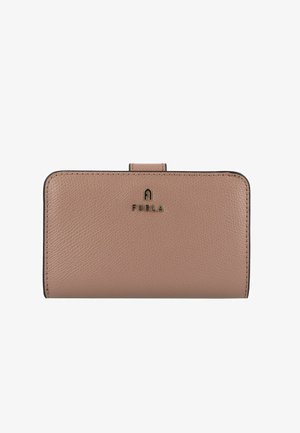 Furla portemonnee van lichtroze getextureerd leer. Rechthoekige vorm met een gladde afwerking, voorzien van een gouden logo en zwarte accenten.