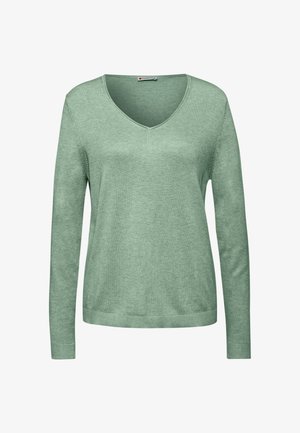Maglione lavorato a maglia verde chiaro a maniche lunghe con scollatura a V e polsini e orlo a coste, vista frontale su sfondo bianco.