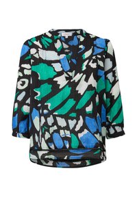 Chemisier à manches longues présentant un motif abstrait vibrant en bleu, vert et blanc sur fond noir. Tissu léger avec un col en V.