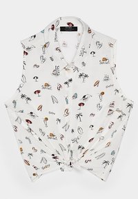 Camisetta senza maniche bianca con un motivo a tema marittimo, che presenta palme, tavole da surf e drink. Dettaglio con nodo all'orlo.