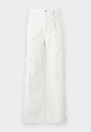 White high-waist wide-leg pants with front seams, belt loops, button closure, and side pockets on a plain background.