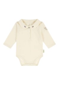 Cream-colored baby bodysuit with long sleeves, a collar, button placket, and embroidered fruit accents on the collar and shoulder.