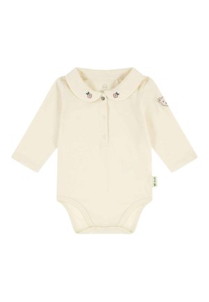 Helles cremefarbenes Baby-Body mit langen Ärmeln, einem Kragen, Knopfleiste und bestickten Früchte-Akzenten am Kragen und an der Schulter.