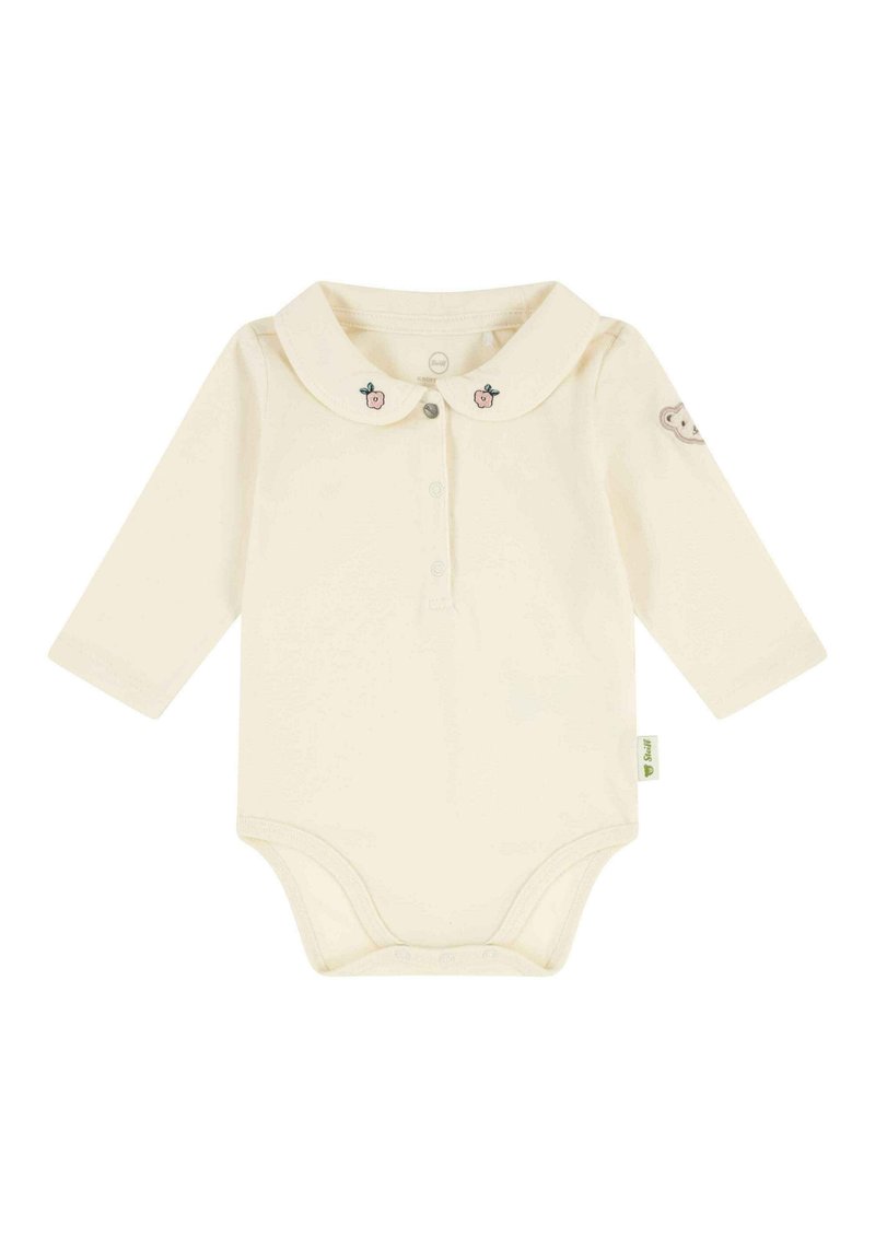 Cream-colored baby bodysuit with long sleeves, a collar, button placket, and embroidered fruit accents on the collar and shoulder.