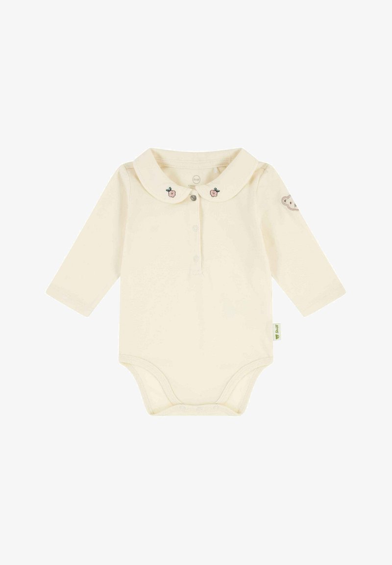 Cream-colored baby bodysuit with long sleeves, a collar, button placket, and embroidered fruit accents on the collar and shoulder.