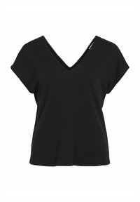 Haut noir à manches courtes avec encolure en V, confectionné dans un tissu texturé. Orné d'une bordure festonnée le long de l'encolure. Coupe décontractée.