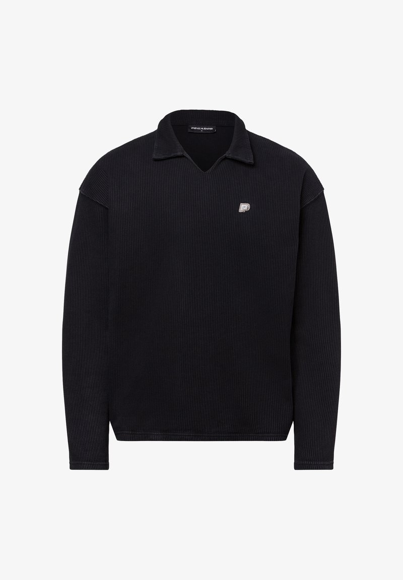 Schwarz geripptes Langarm-Poloshirt mit einem V-Ausschnitt und einem kleinen Logo auf der Brust. Weicher Stoff und lockere Passform.