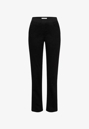 Pantalons noirs avec une texture lisse, design évasé, taille élastique et deux poches avant pour plus de fonctionnalité.