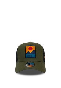 Olive green cap with mesh sides, featuring a rectangular patch depicting mountains and a red sun, labeled "HAWAII" beneath.