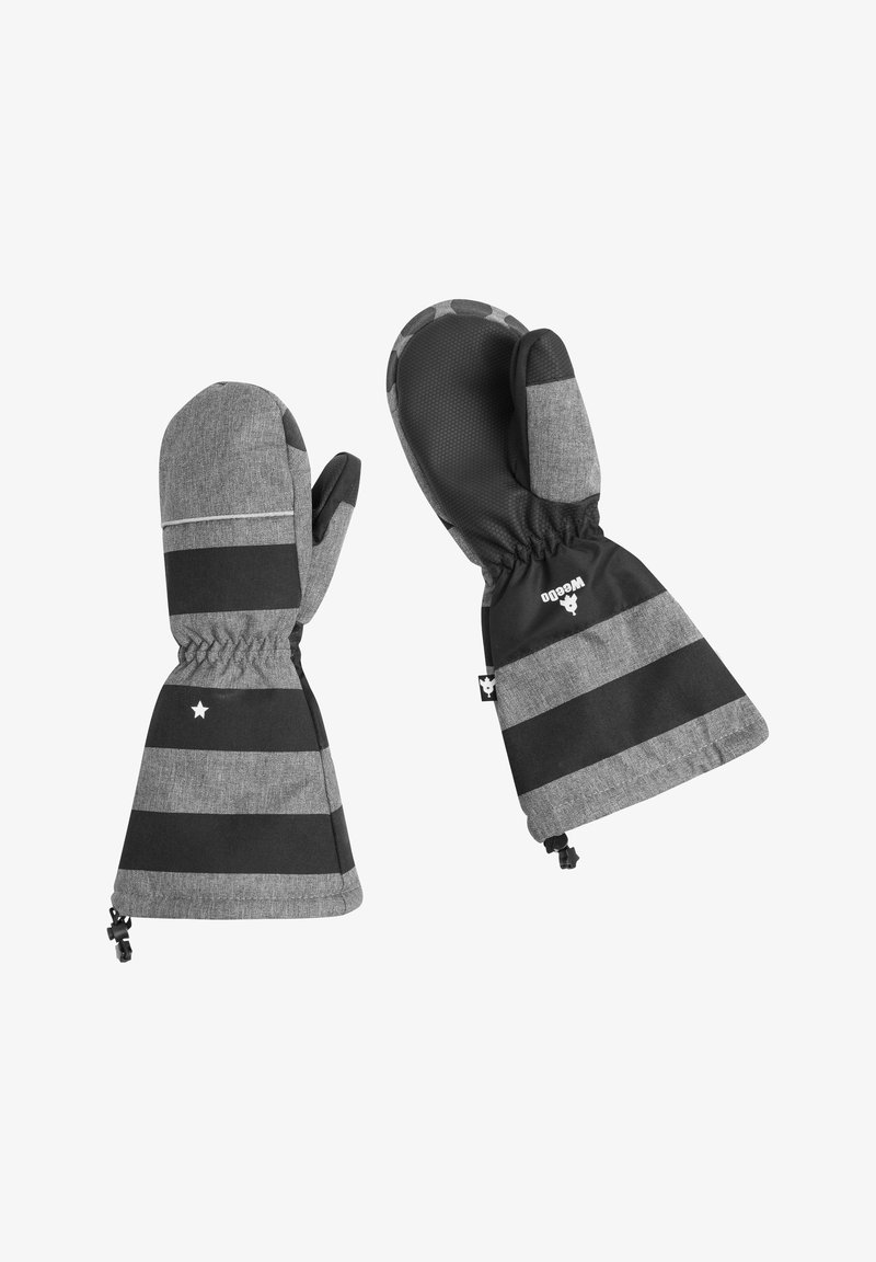 Stribede grå og sorte vanter med en struktureret overflade, elastisk håndled og et bemærkelsesværdigt stjernedetalje. Designet til varme og fleksibilitet.