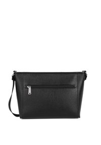 Borsa in pelle nera con finitura testurizzata, forma rettangolare, tracolla regolabile e tasca frontale con zip dotata di tirazip in metallo.
