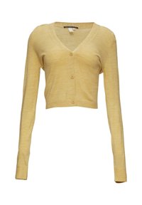 Yellow cropped cardigan made of lightweight knit fabric, featuring a V-neckline, long sleeves, and three front buttons.