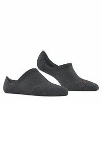 Grijze lage sokken met een geribbelde boord, zachte textuur en lichte padding bij de teen. Bevat een klein oranje logo aan de zijkant.