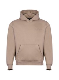 Haut à capuche beige en coton doux, doté d'une poche kangourou à l'avant, de poignets côtelés et d'une capuche avec un logo en relief subtil sur la poitrine.