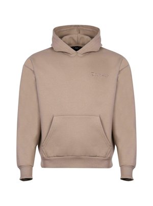 Felpa beige realizzata in morbido cotone, con tasca a marsupio frontale, polsini a costine e cappuccio con un logo in rilievo discreto sul petto.