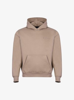 Beige Kapuzenpullover aus weicher Baumwolle, mit einer vorderen Kängurutasche, gerippten Bündchen und Kapuze sowie einem dezent geprägten Logo auf der Brust.