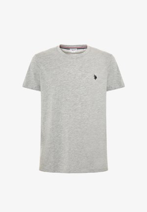 T-shirt grigio in cotone con colletto rotondo, maniche corte e un piccolo logo nero sul lato sinistro del petto. Texture liscia e vestibilità classica.