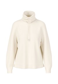 Cream-colored sweatshirt with a high, gathered collar, raglan sleeves, and a relaxed fit. Features drawstrings with metallic accents.