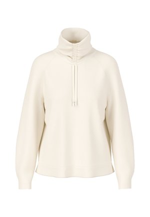 Cream-colored sweatshirt with a high, gathered collar, raglan sleeves, and a relaxed fit. Features drawstrings with metallic accents.