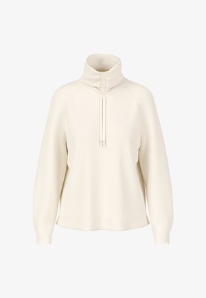 Cream-colored sweatshirt with a high, gathered collar, raglan sleeves, and a relaxed fit. Features drawstrings with metallic accents.