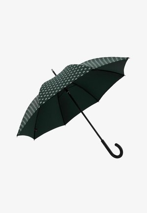 Parapluie vert avec un motif floral blanc, poignée noire courbée, huit baleines, toile en tissu et texture lisse. Conception robuste pour une protection efficace.