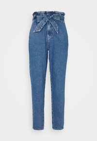 Korkeavyötäröiset farkut keskimustassa sinisessä. Ominaisuuksina vyöllinen vyötärö, suorat lahkeet ja sileä pinta, jossa on minimaalista kulumaa.