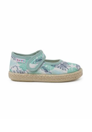 Light green fabric shoes with leaf patterns, secured by a Velcro strap, feature a natural rope sole and soft inner lining.